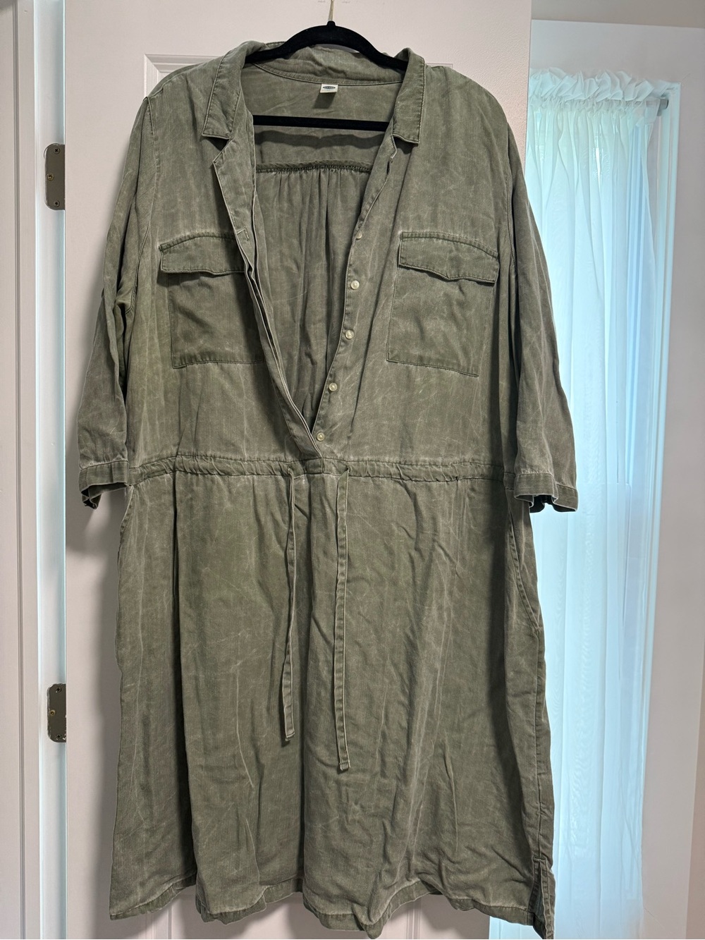 Old Navy Olive Green Button-Front Midi Shirt Dress